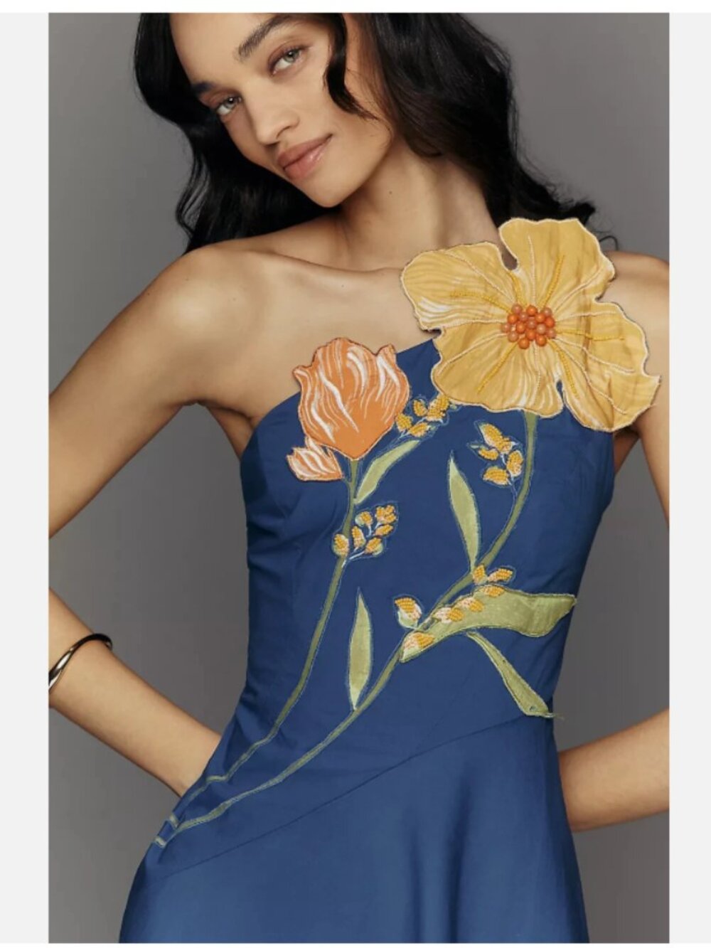 Anthropologie Blue Asymmetric Midi Dress with Yellow Floral Applique - Picture 2 of 8